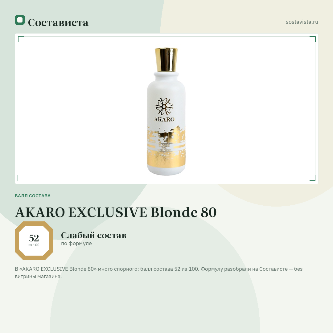 AKARO EXCLUSIVE Blonde 80: балл состава 52 из 100 — Состависта