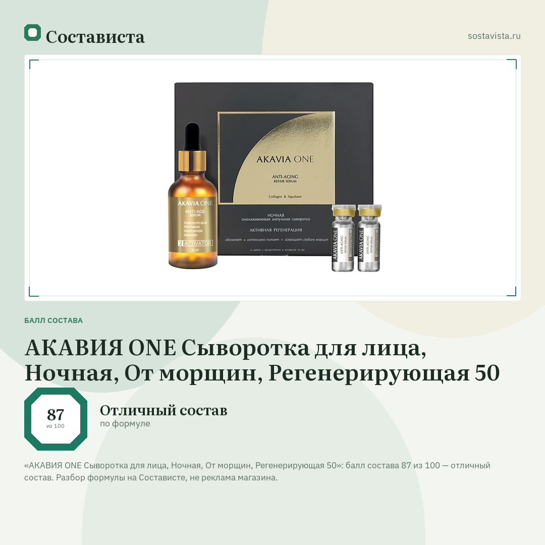 АКАВИЯ ONE Сыворотка для лица, Ночная, От морщин, Регенерирующая 50: балл состава 87 из 100 — Состависта
