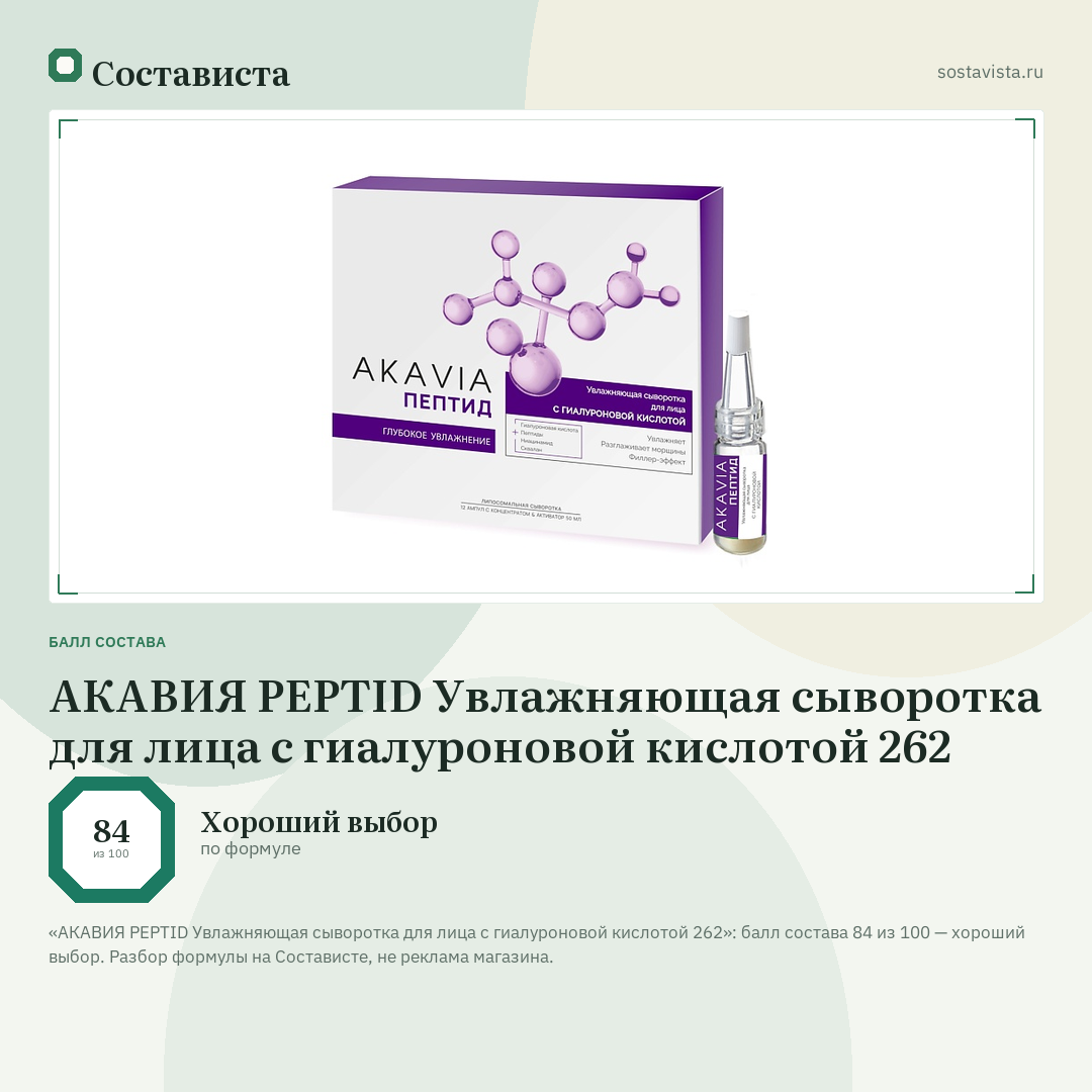 АКАВИЯ PEPTID Увлажняющая сыворотка для лица с гиалуроновой кислотой 262: балл состава 84 из 100 — Состависта