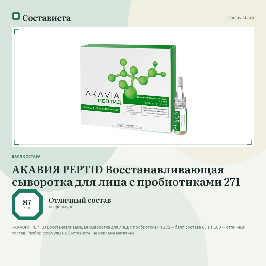 АКАВИЯ PEPTID Восстанавливающая сыворотка для лица с пробиотиками 271: балл состава 87 из 100 — Состависта