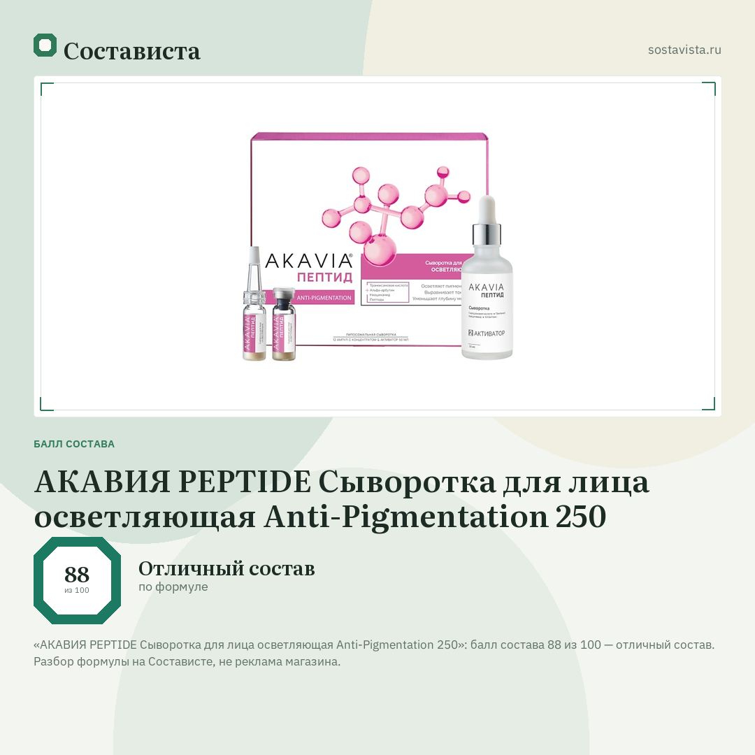 АКАВИЯ PEPTIDE Сыворотка для лица осветляющая Anti-Pigmentation 250: балл состава 88 из 100 — Состависта