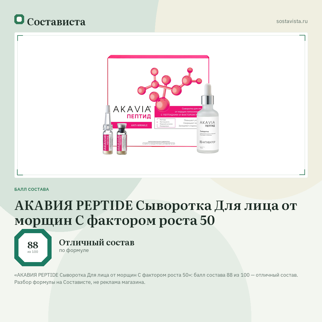 АКАВИЯ PEPTIDE Сыворотка Для лица от морщин С фактором роста 50: балл состава 88 из 100 — Состависта