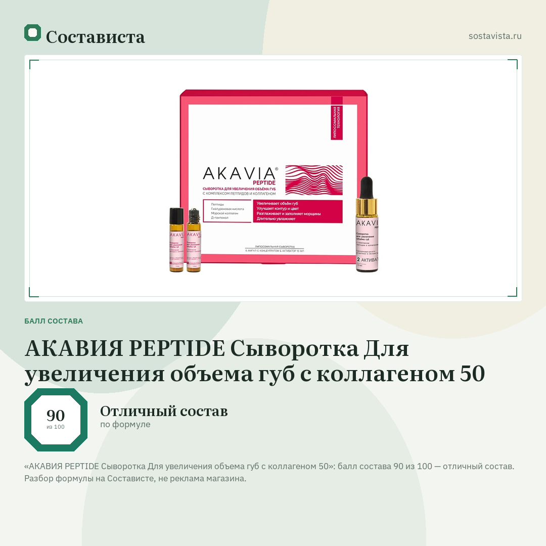 АКАВИЯ PEPTIDE Сыворотка Для увеличения объема губ с коллагеном 50: балл состава 90 из 100 — Состависта