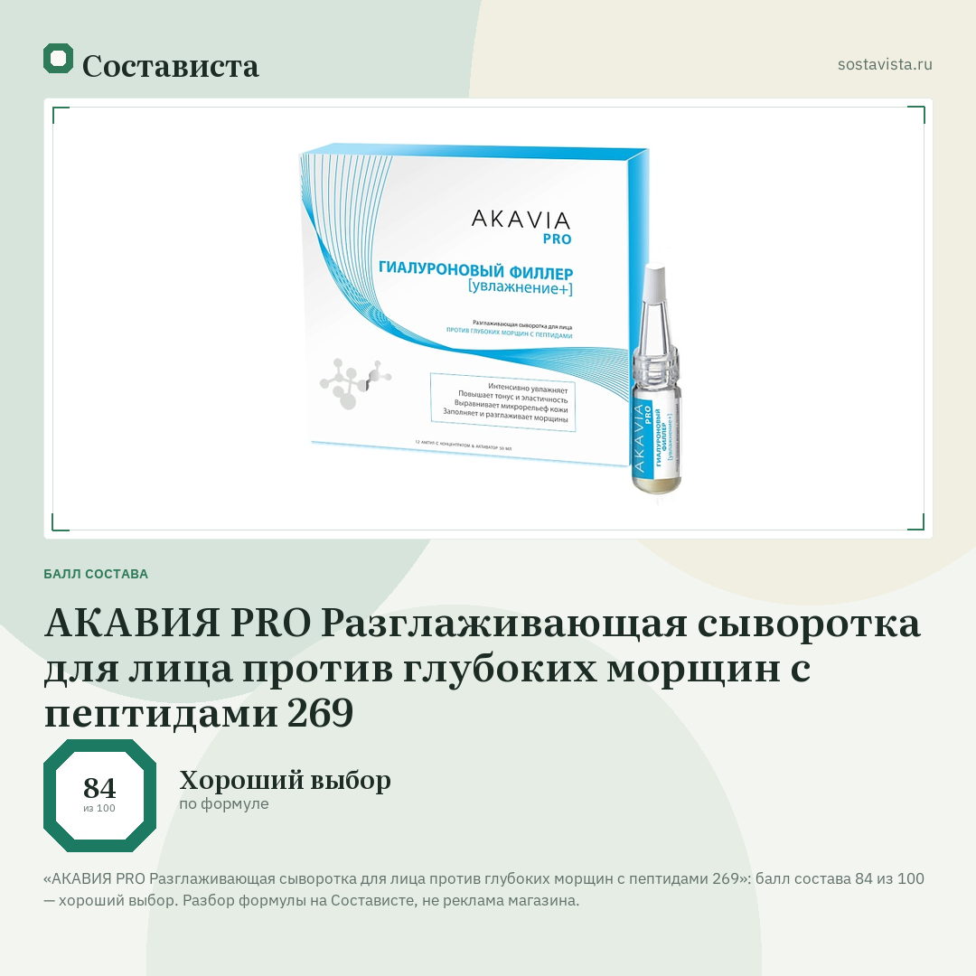АКАВИЯ PRO Разглаживающая сыворотка для лица против глубоких морщин с пептидами 269: балл состава 84 из 100 — Состависта