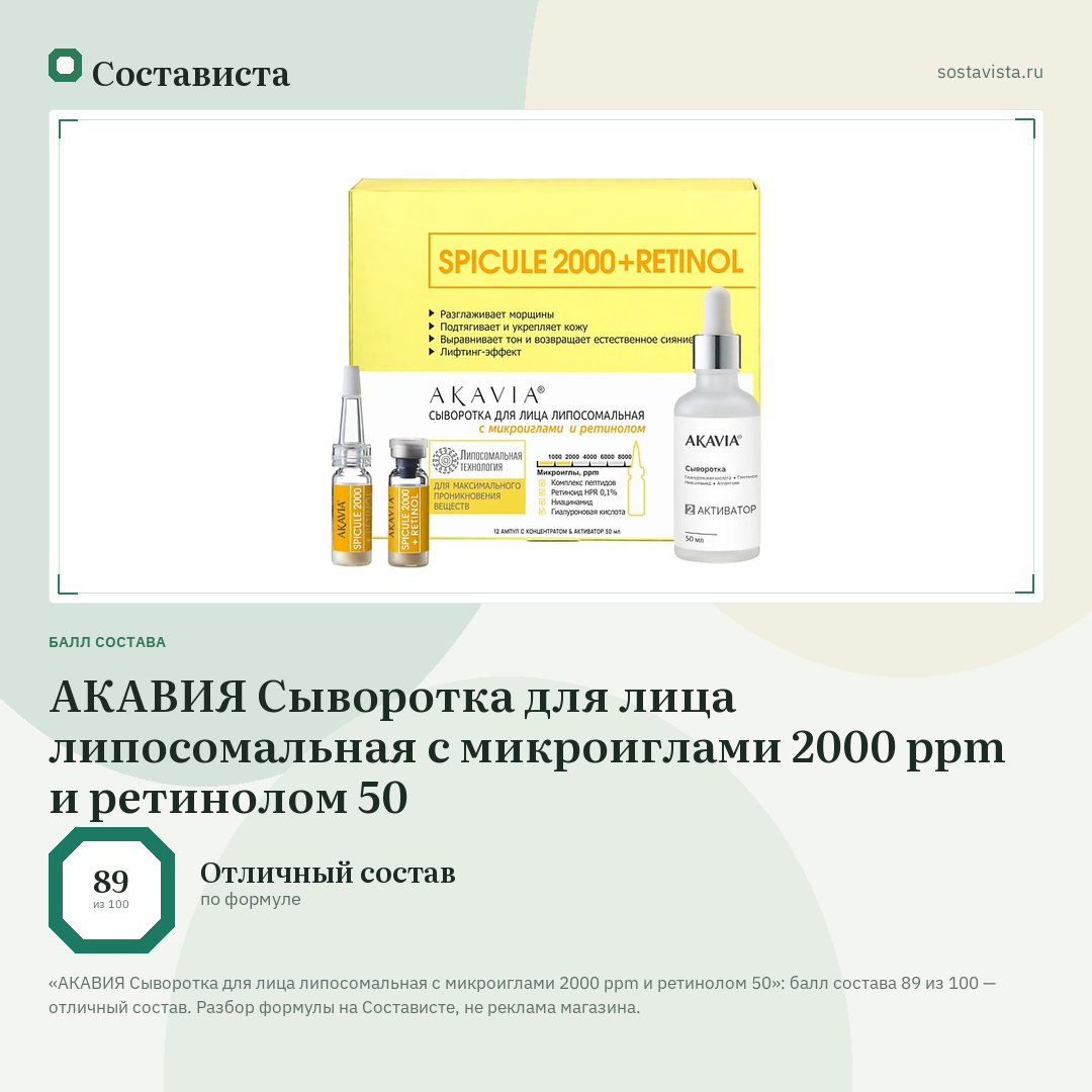 АКАВИЯ Сыворотка для лица липосомальная с микроиглами 2000 ppm и ретинолом 50: балл состава 89 из 100 — Состависта