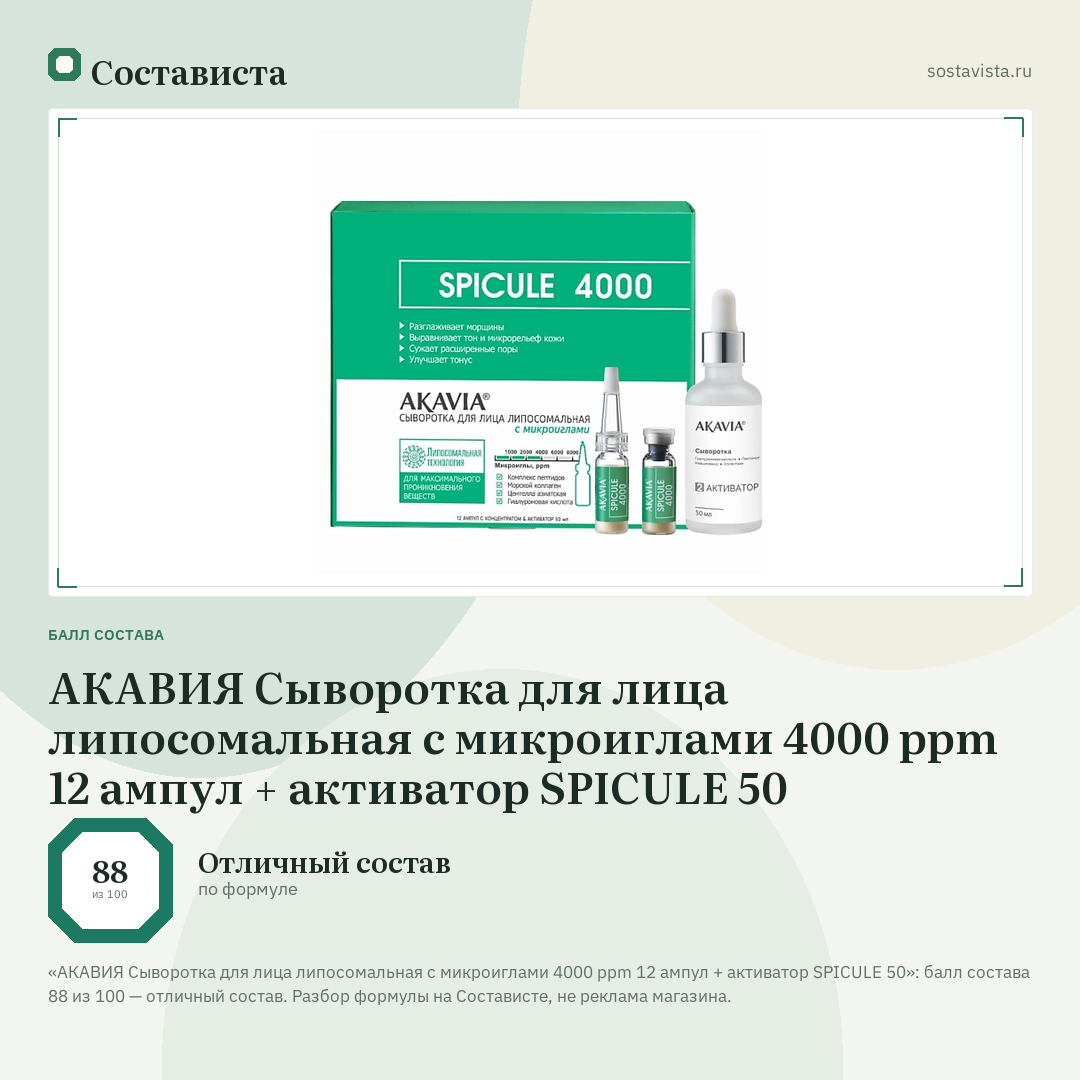 АКАВИЯ Сыворотка для лица липосомальная с микроиглами 4000 ppm 12 ампул + активатор SPICULE 50: балл состава 88 из 100 — Состависта