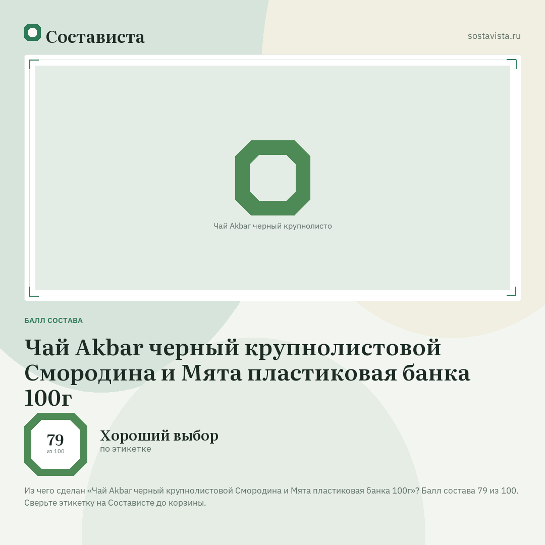 Чай Akbar черный крупнолистовой Смородина и Мята пластиковая банка 100г: балл состава 79 из 100 — Состависта