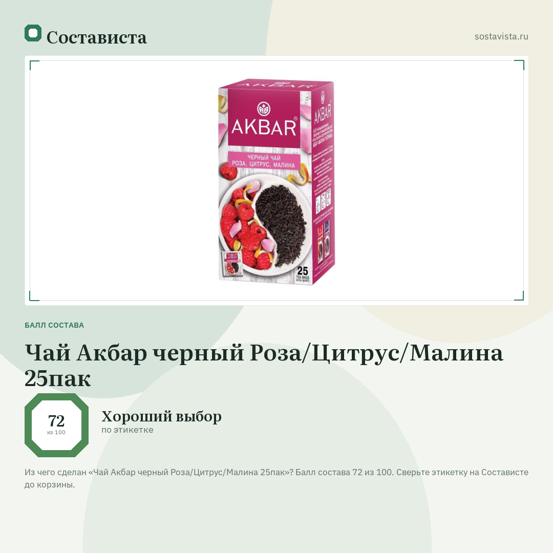 Чай Акбар черный Роза/Цитрус/Малина 25пак: балл состава 72 из 100 — Состависта