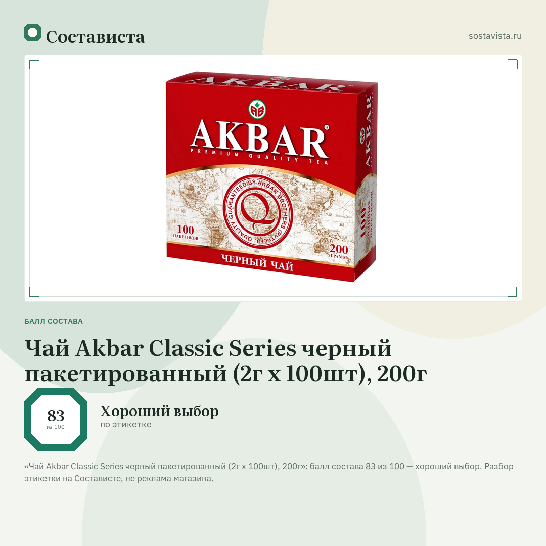 Чай Akbar Classic Series черный пакетированный (2г х 100шт), 200г: балл состава 83 из 100 — Состависта