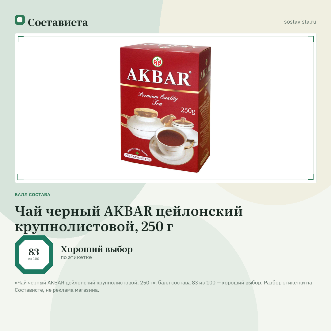 Чай черный AKBAR цейлонский крупнолистовой, 250 г: балл состава 83 из 100 — Состависта