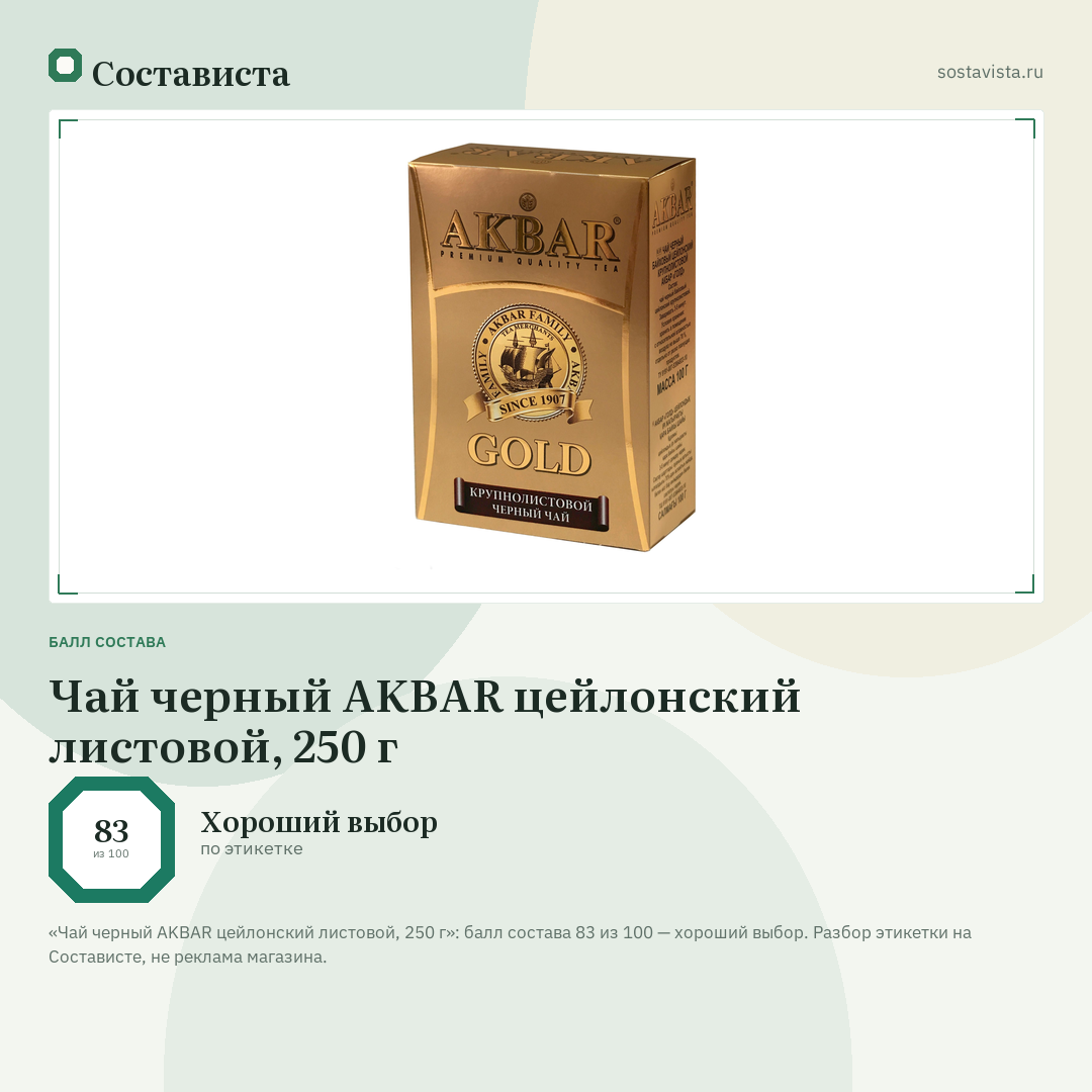 Чай черный AKBAR цейлонский листовой, 250 г: балл состава 83 из 100 — Состависта