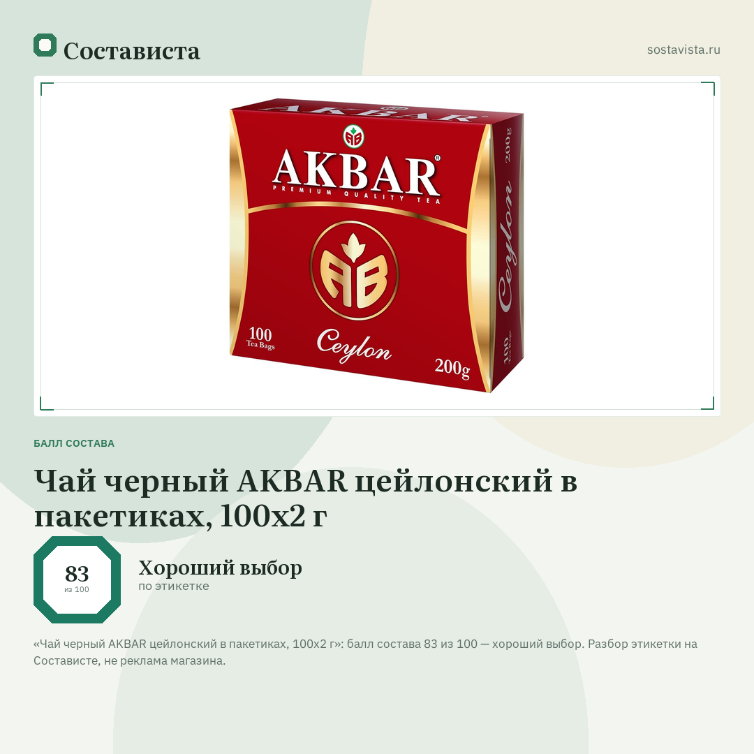 Чай черный AKBAR цейлонский в пакетиках, 100х2 г: балл состава 83 из 100 — Состависта