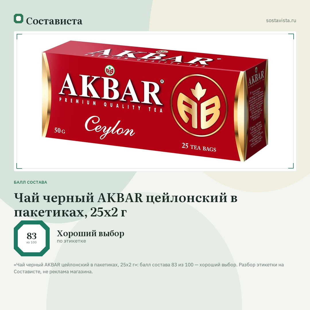 Чай черный AKBAR цейлонский в пакетиках, 25х2 г: балл состава 83 из 100 — Состависта