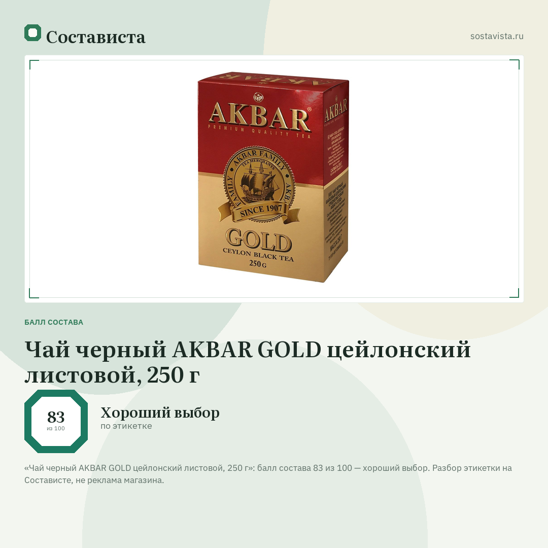 Чай черный AKBAR GOLD цейлонский листовой, 250 г: балл состава 83 из 100 — Состависта