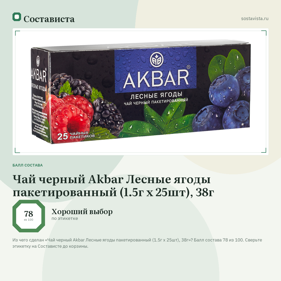 Чай черный Akbar Лесные ягоды пакетированный (1.5г x 25шт), 38г: балл состава 78 из 100 — Состависта