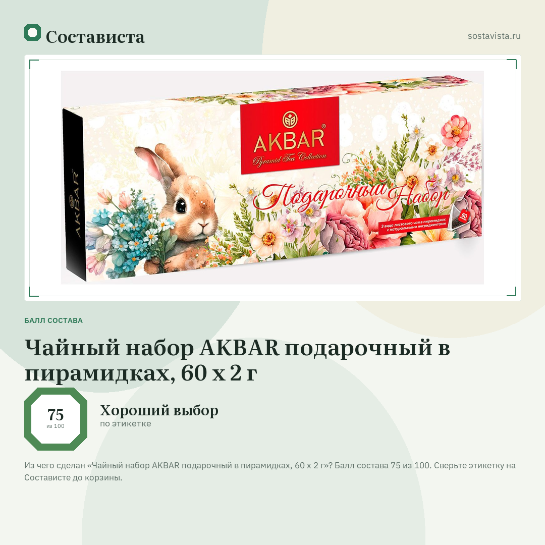 Чайный набор AKBAR подарочный в пирамидках, 60 х 2 г: балл состава 75 из 100 — Состависта