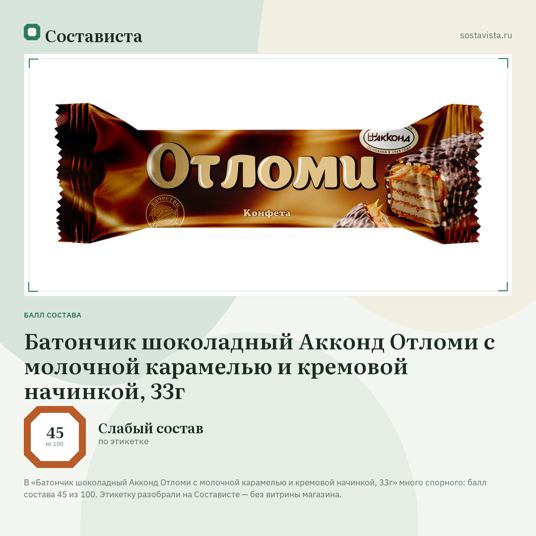 Батончик шоколадный Акконд Отломи с молочной карамелью и кремовой начинкой, 33г: балл состава 45 из 100 — Состависта