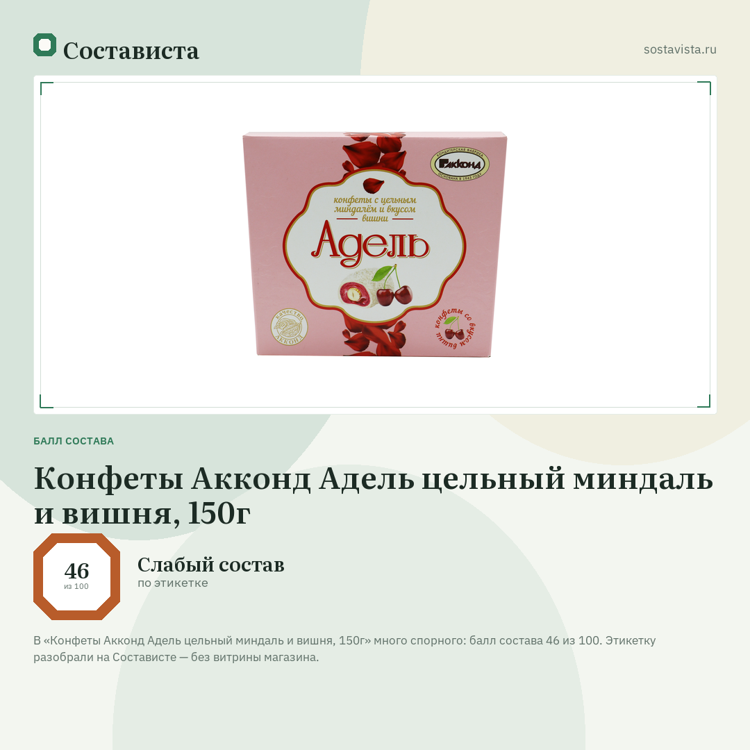 Конфеты Акконд Адель цельный миндаль и вишня, 150г: балл состава 46 из 100 — Состависта