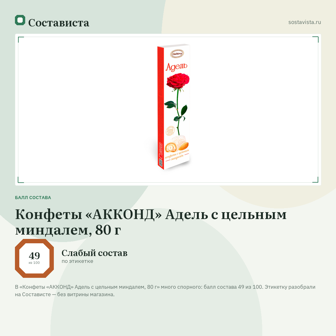 Конфеты «АККОНД» Адель с цельным миндалем, 80 г: балл состава 49 из 100 — Состависта