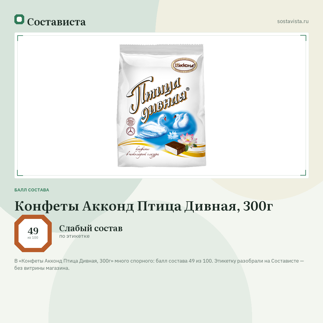 Конфеты Акконд Птица Дивная, 300г: балл состава 49 из 100 — Состависта