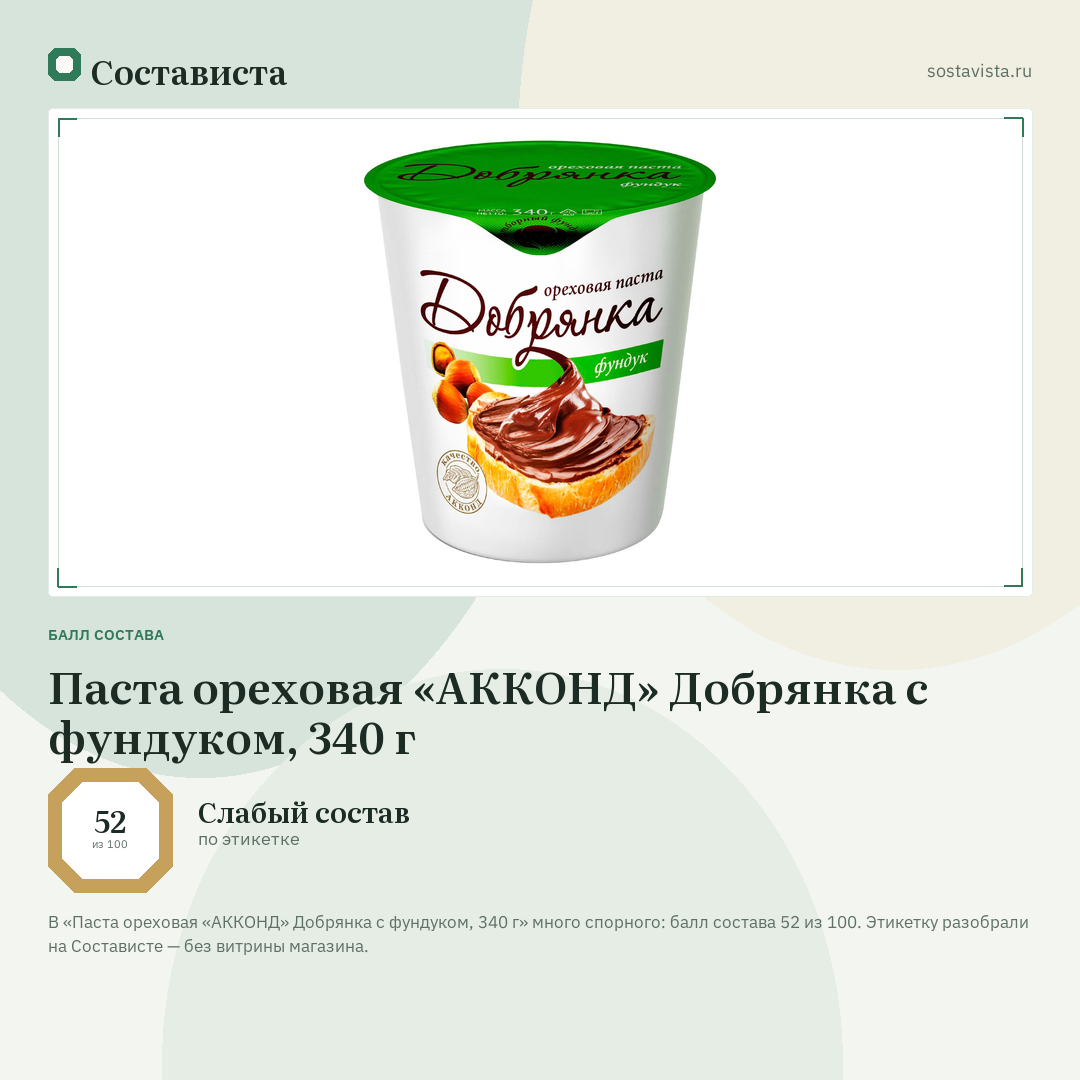 Паста ореховая «АККОНД» Добрянка с фундуком, 340 г: балл состава 52 из 100 — Состависта