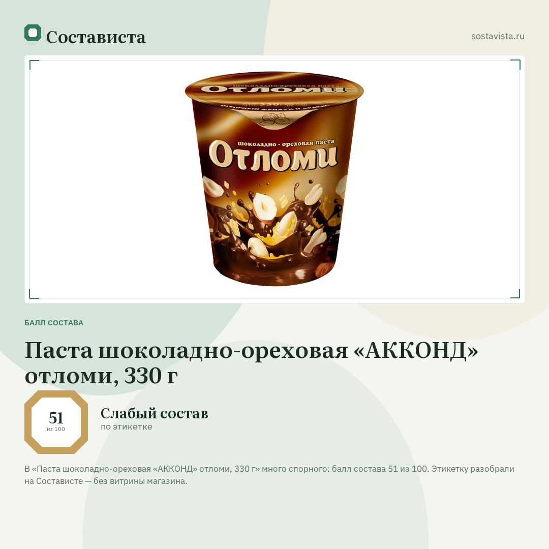 Паста шоколадно-ореховая «АККОНД» отломи, 330 г: балл состава 51 из 100 — Состависта