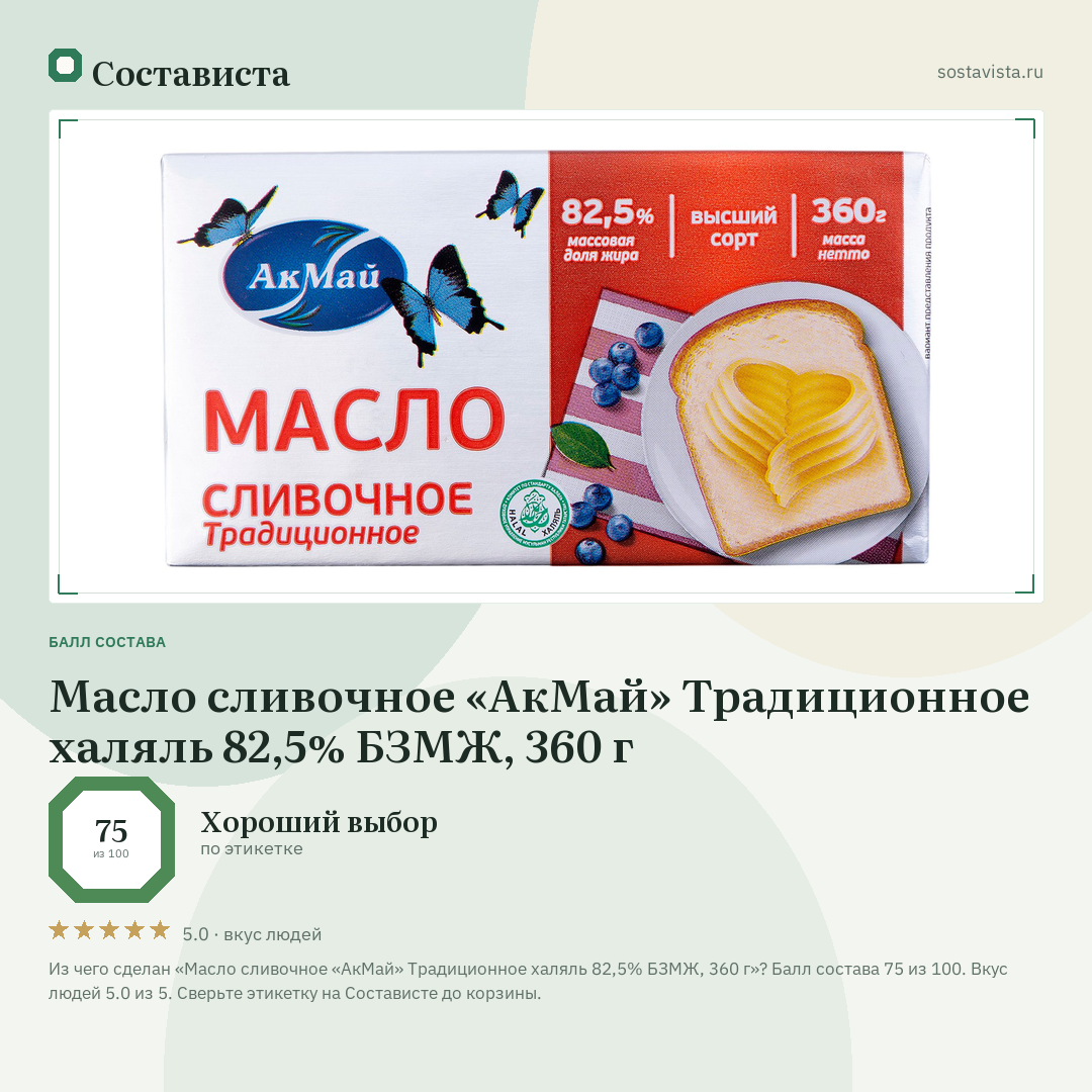 Масло сливочное «АкМай» Традиционное халяль 82,5% БЗМЖ, 360 г: балл состава 75 из 100 — Состависта