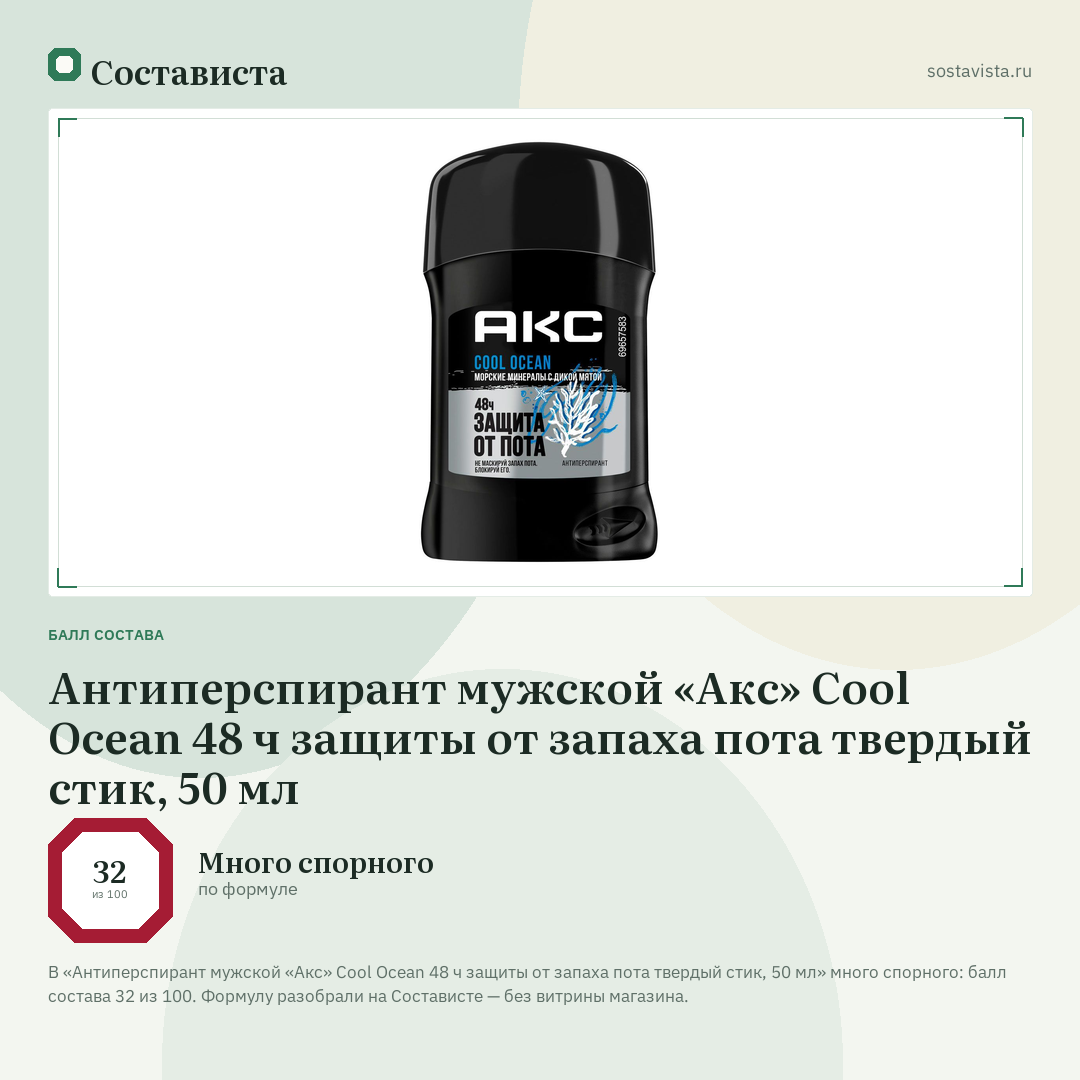 Антиперспирант мужской «Акс» Cool Ocean 48 ч защиты от запаха пота твердый стик, 50 мл: балл состава 32 из 100 — Состависта