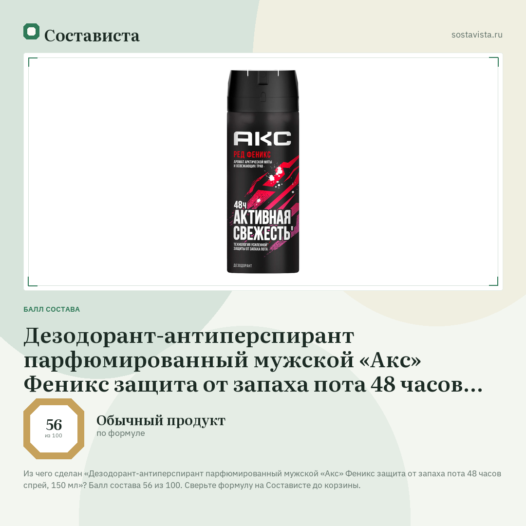 Дезодорант-антиперспирант парфюмированный мужской «Акс» Феникс защита от запаха пота 48 часов спрей, 150 мл: балл состава 56 из 100 — Состависта