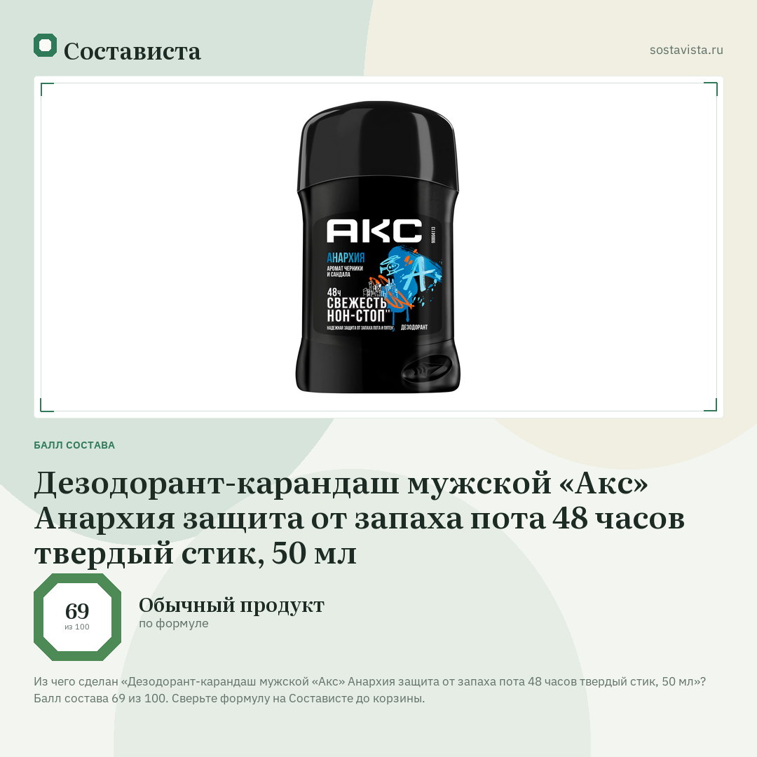 Дезодорант-карандаш мужской «Акс» Анархия защита от запаха пота 48 часов твердый стик, 50 мл: балл состава 69 из 100 — Состависта