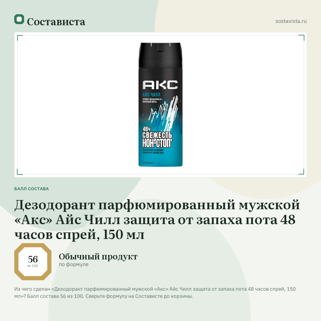 Дезодорант парфюмированный мужской «Акс» Айс Чилл защита от запаха пота 48 часов спрей, 150 мл: балл состава 56 из 100 — Состависта