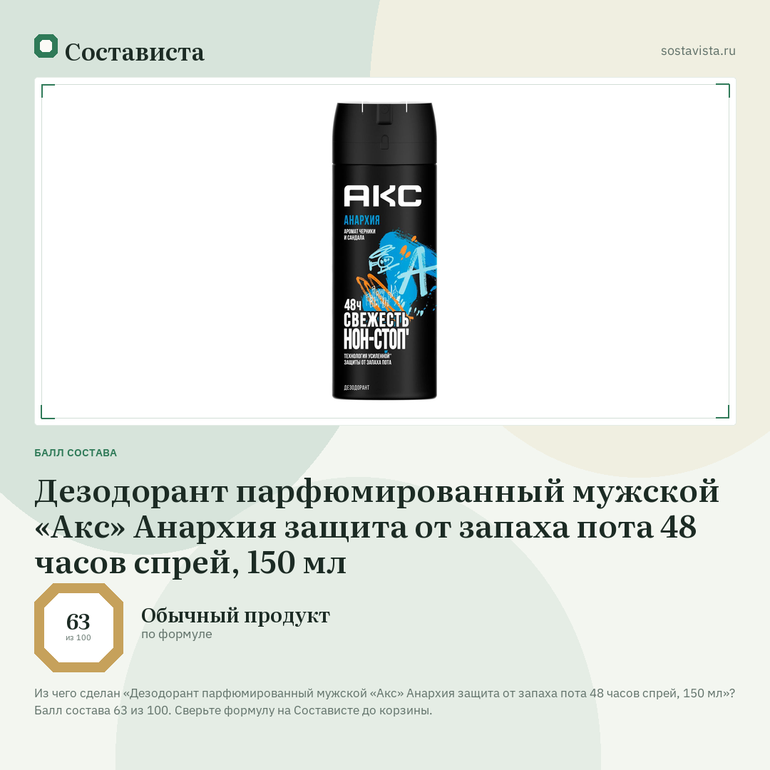 Дезодорант парфюмированный мужской «Акс» Анархия защита от запаха пота 48 часов спрей, 150 мл: балл состава 63 из 100 — Состависта