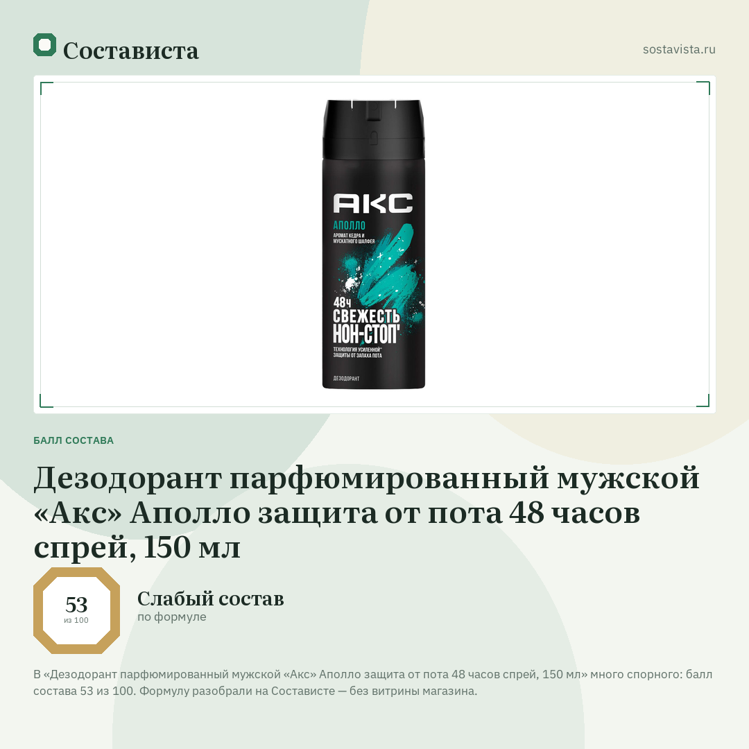 Дезодорант парфюмированный мужской «Акс» Аполло защита от пота 48 часов спрей, 150 мл: балл состава 53 из 100 — Состависта