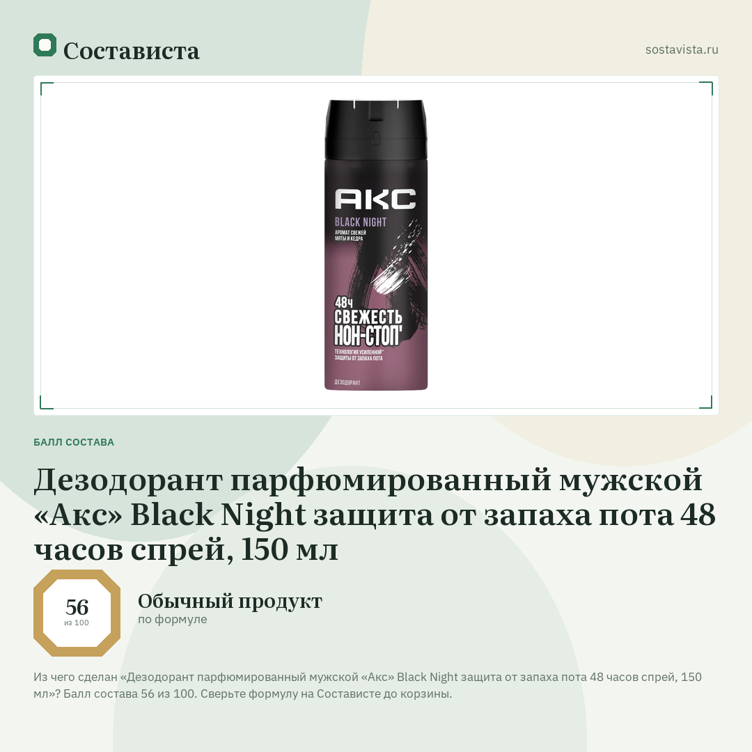 Дезодорант парфюмированный мужской «Акс» Black Night защита от запаха пота 48 часов спрей, 150 мл: балл состава 56 из 100 — Состависта