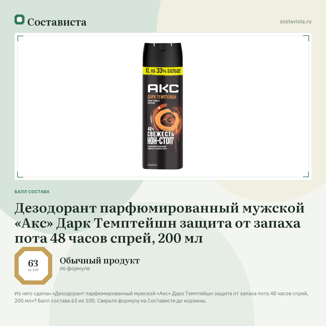 Дезодорант парфюмированный мужской «Акс» Дарк Темптейшн защита от запаха пота 48 часов спрей, 200 мл: балл состава 63 из 100 — Состависта