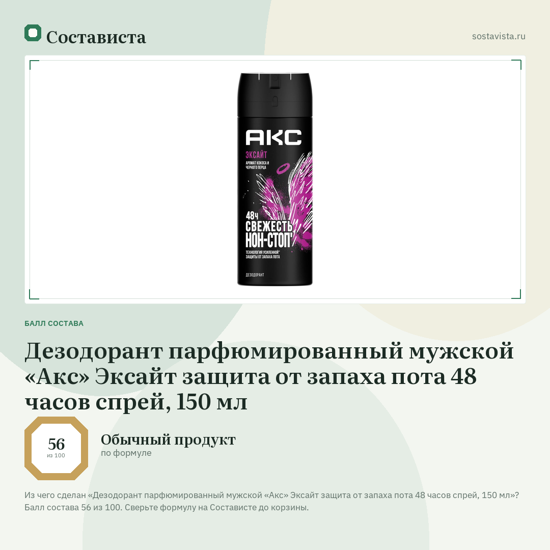 Дезодорант парфюмированный мужской «Акс» Эксайт защита от запаха пота 48 часов спрей, 150 мл: балл состава 56 из 100 — Состависта