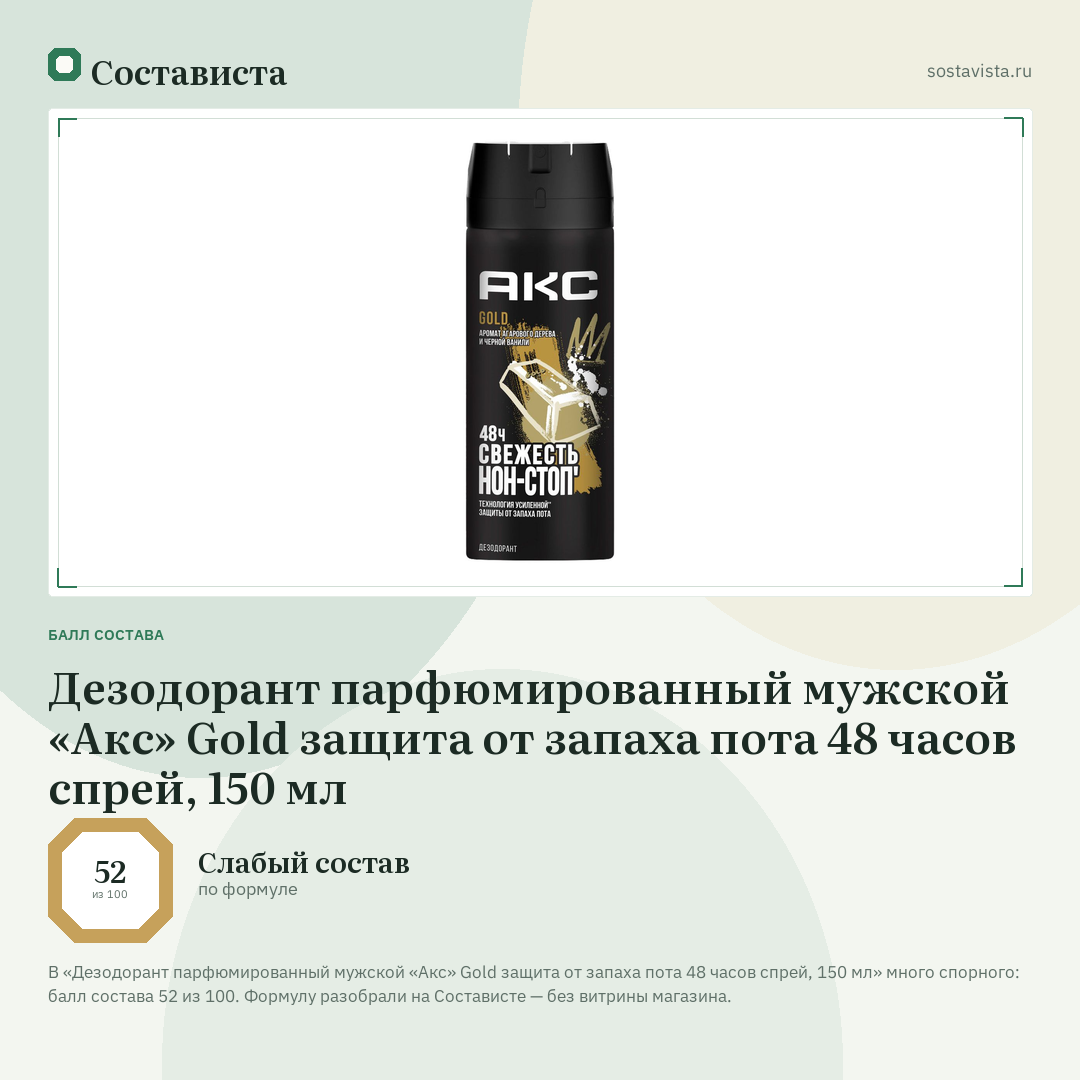 Дезодорант парфюмированный мужской «Акс» Gold защита от запаха пота 48 часов спрей, 150 мл: балл состава 52 из 100 — Состависта