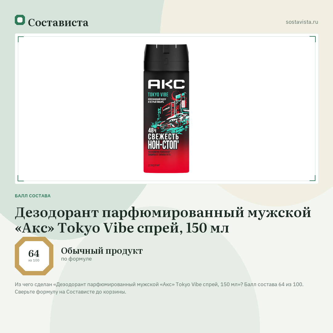Дезодорант парфюмированный мужской «Акс» Tokyo Vibe спрей, 150 мл: балл состава 64 из 100 — Состависта