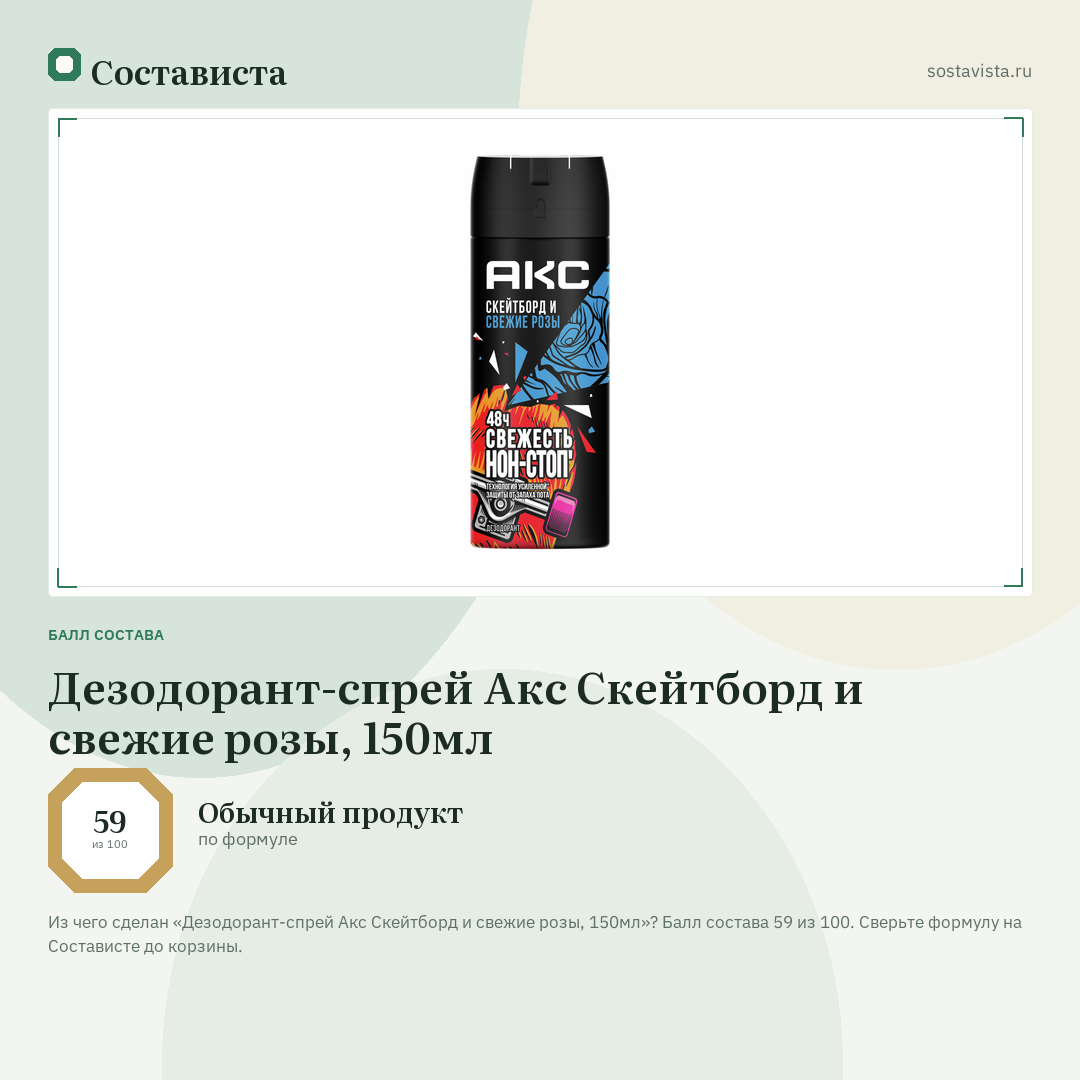 Дезодорант-спрей Акс Скейтборд и свежие розы, 150мл: балл состава 59 из 100 — Состависта