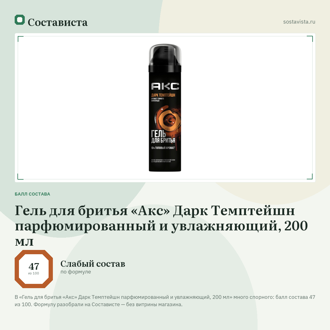Гель для бритья «Акс» Дарк Темптейшн парфюмированный и увлажняющий, 200 мл: балл состава 47 из 100 — Состависта