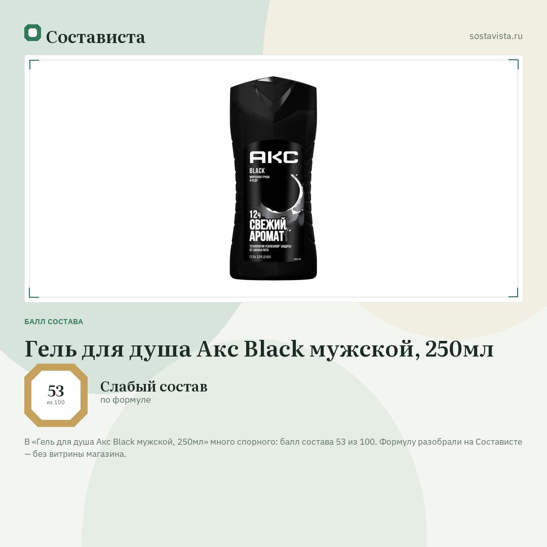 Гель для душа Акс Black мужской, 250мл: балл состава 53 из 100 — Состависта