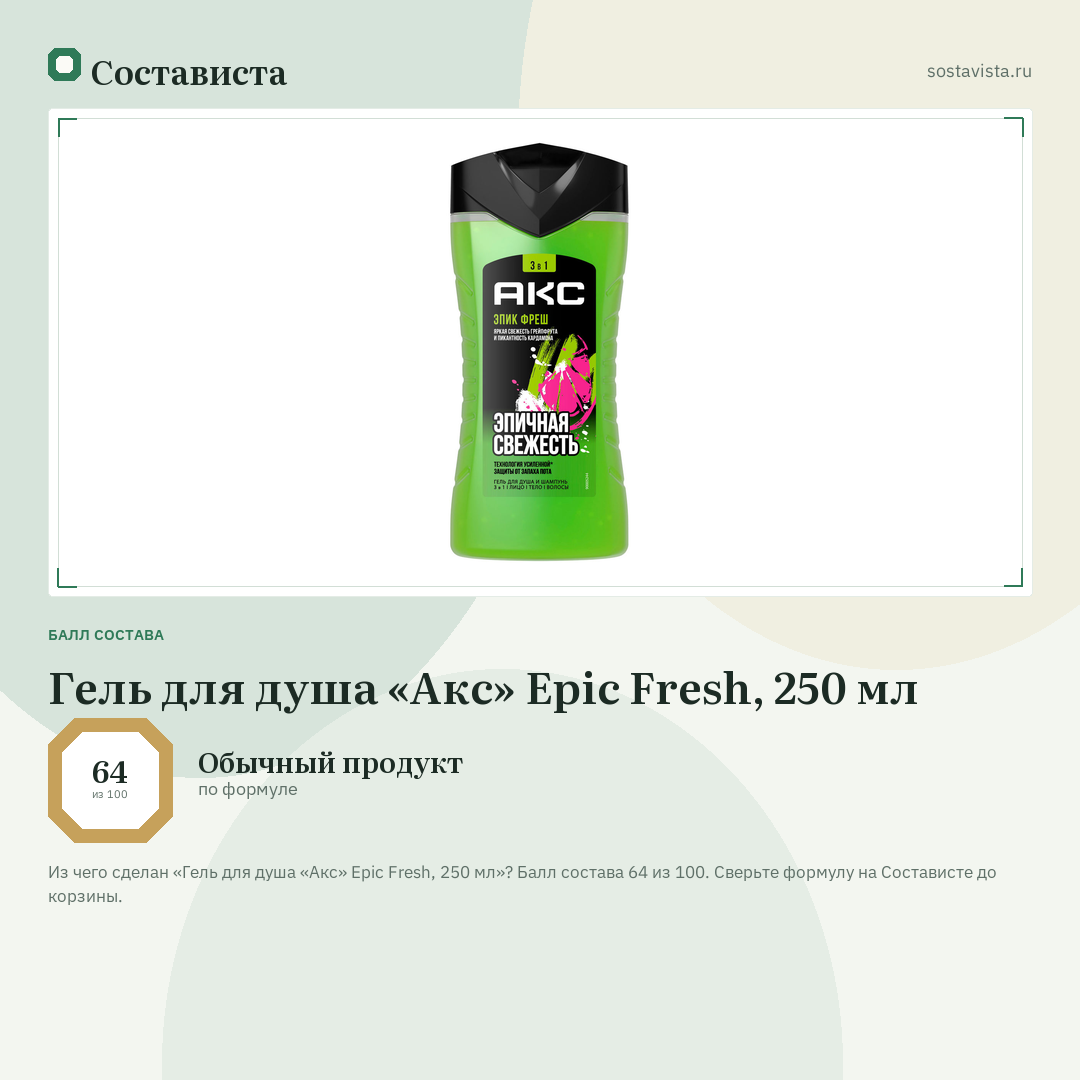 Гель для душа «Акс» Epic Fresh, 250 мл: балл состава 64 из 100 — Состависта