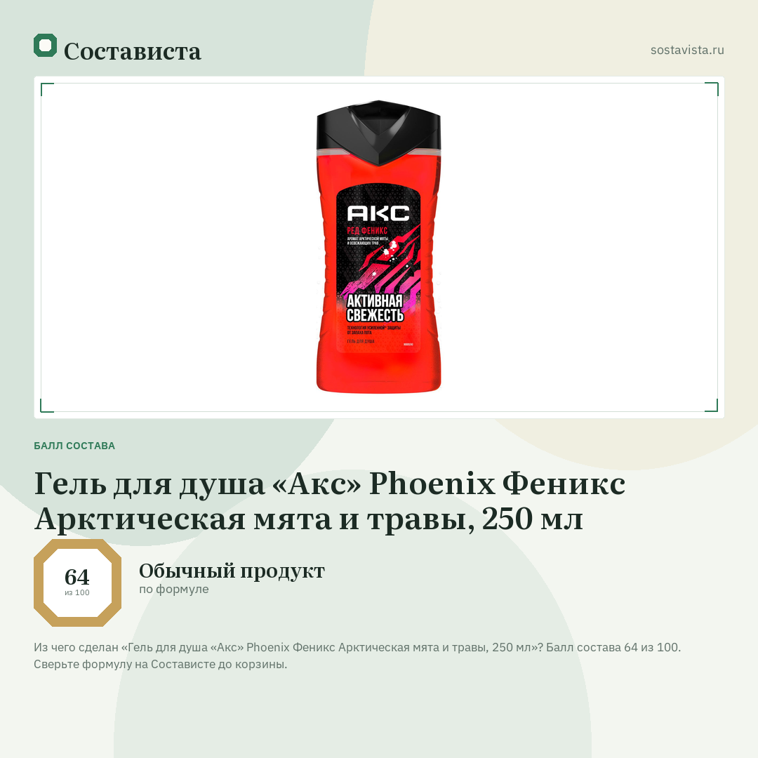 Гель для душа «Акс» Phoenix Феникс Арктическая мята и травы, 250 мл: балл состава 64 из 100 — Состависта