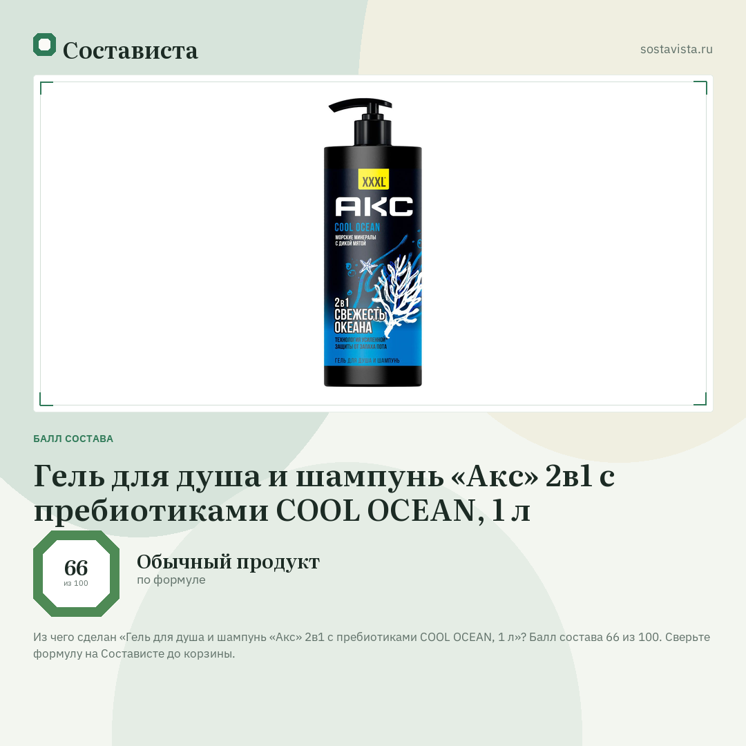 Гель для душа и шампунь «Акс» 2в1 с пребиотиками COOL OCEAN, 1 л: балл состава 66 из 100 — Состависта