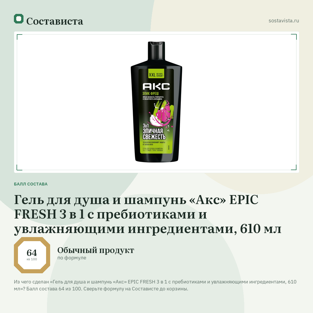 Гель для душа и шампунь «Акс» EPIC FRESH 3 в 1 с пребиотиками и увлажняющими ингредиентами, 610 мл: балл состава 64 из 100 — Состависта