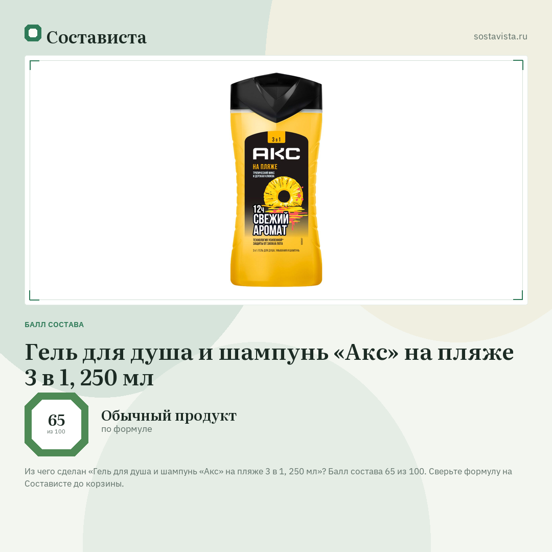 Гель для душа и шампунь «Акс» на пляже 3 в 1, 250 мл: балл состава 65 из 100 — Состависта