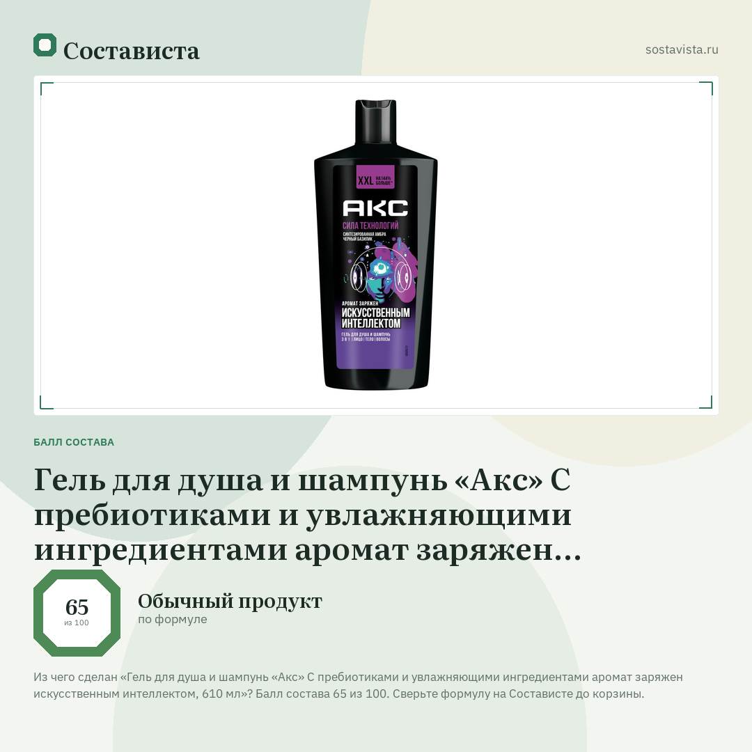 Гель для душа и шампунь «Акс» С пребиотиками и увлажняющими ингредиентами аромат заряжен искусственным интеллектом, 610 мл: балл состава 65 из 100 — Состависта