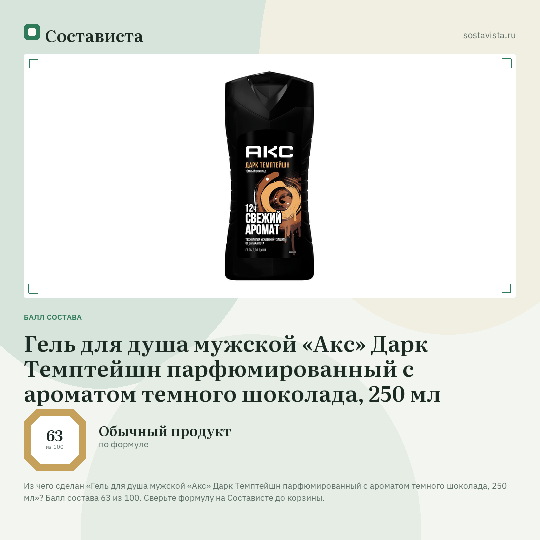 Гель для душа мужской «Акс» Дарк Темптейшн парфюмированный с ароматом темного шоколада, 250 мл: балл состава 63 из 100 — Состависта
