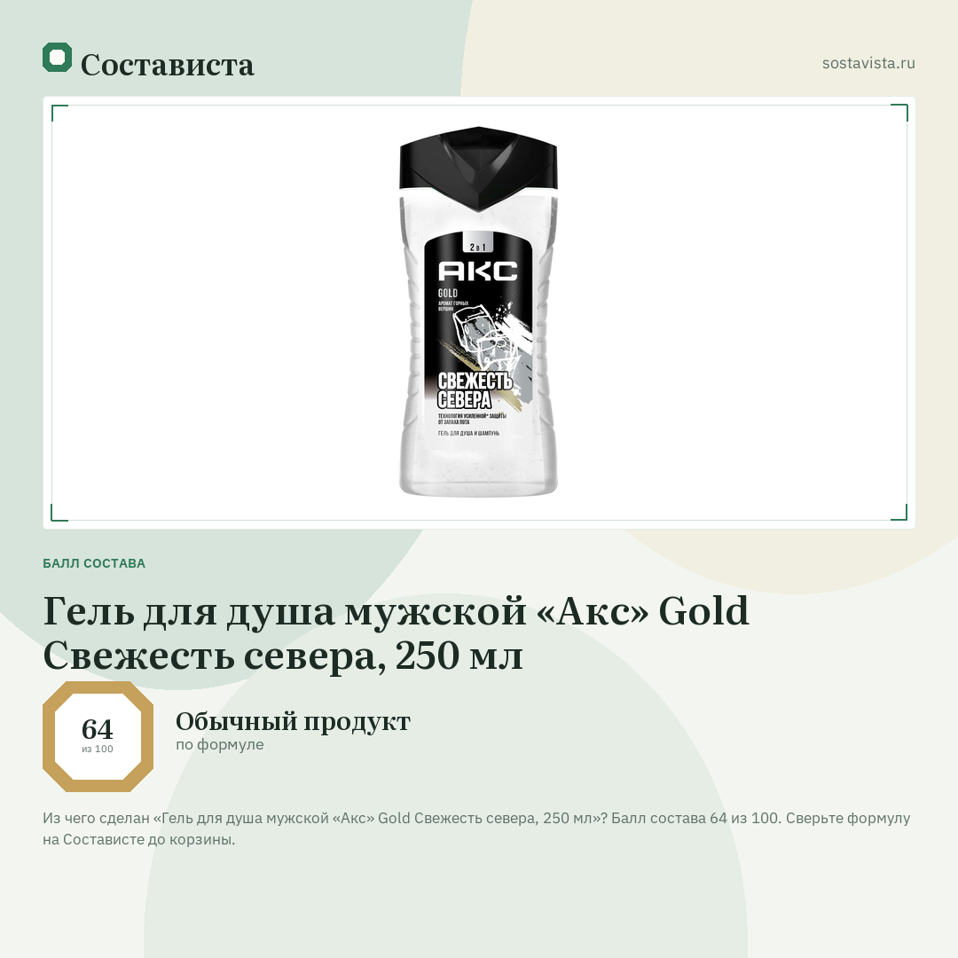 Гель для душа мужской «Акс» Gold Свежесть севера, 250 мл: балл состава 64 из 100 — Состависта