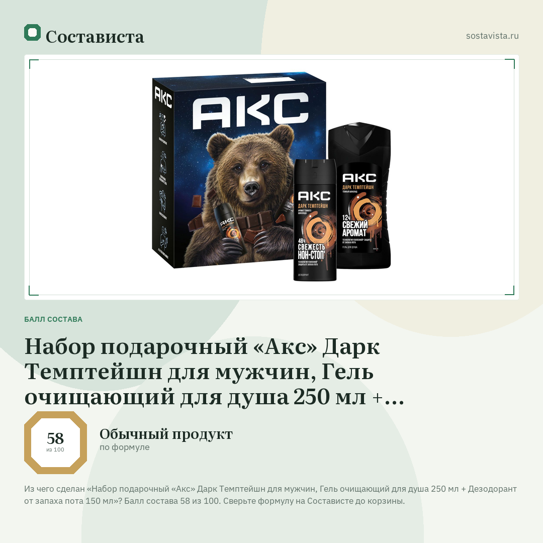 Набор подарочный «Акс» Дарк Темптейшн для мужчин, Гель очищающий для душа 250 мл + Дезодорант от запаха пота 150 мл: балл состава 58 из 100 — Состависта